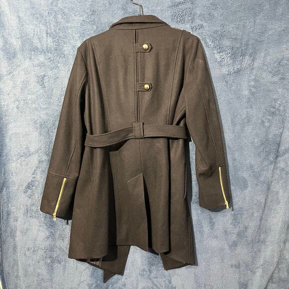 Vintage Wool Guess Black Trench Coat with Black Wrap Around Belt Woman’s Size XL - Picture 4 of 8